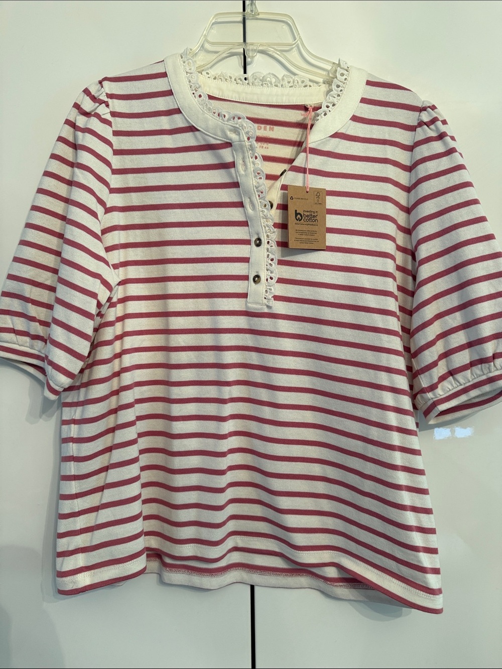 NWT Boden Striped Puff-Sleeve Henley Top in Pink and White